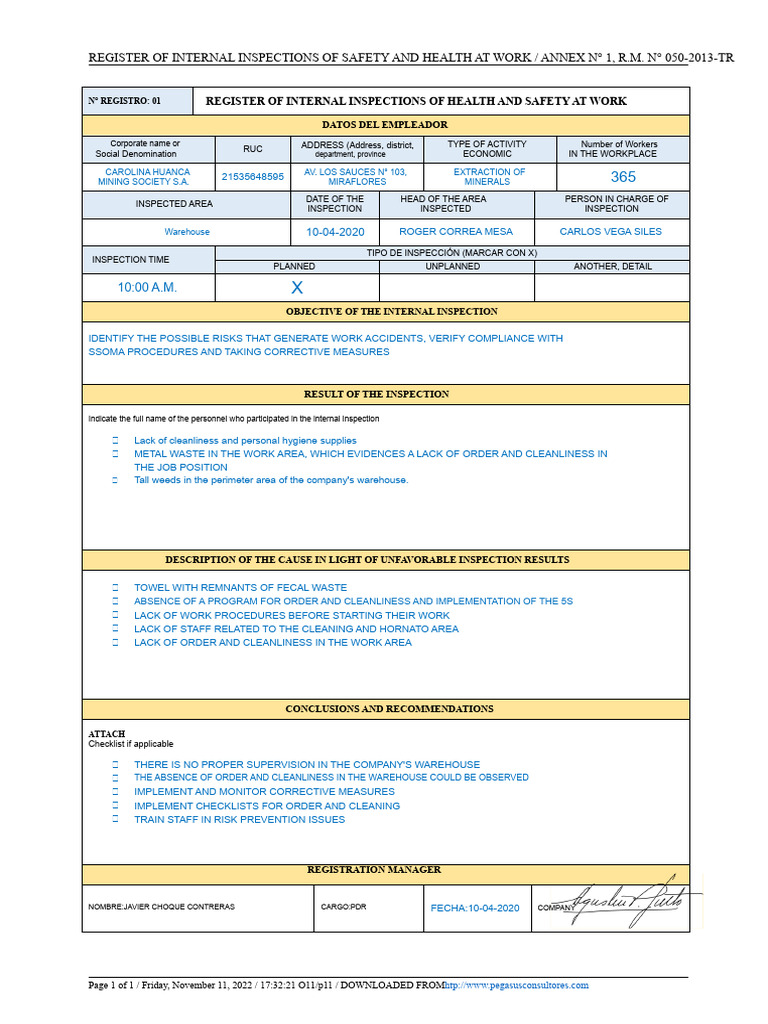Internal Safety Inspection Register | PDF | Occupational Safety And ...