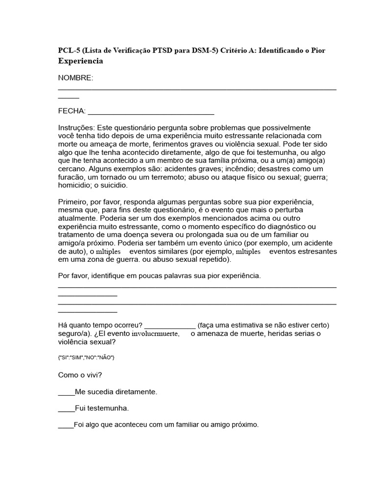 Checklist PCL-5 para Diagnóstico de TEPT | PDF | Doenças e distúrbios ...