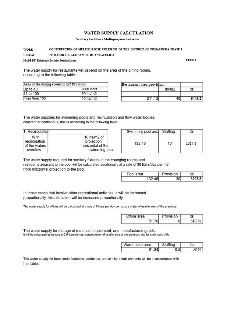 Water Supply Calculation | PDF | Bathroom | Water