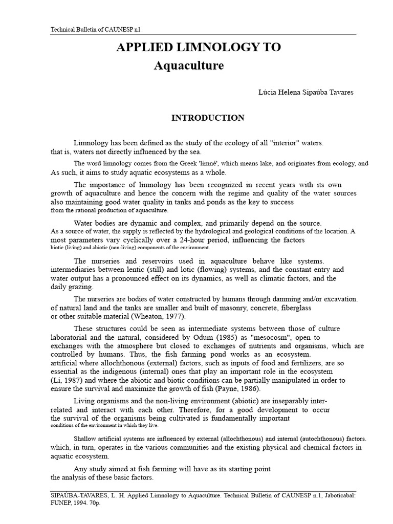Applied Limnology in Aquaculture | PDF | Ecosystem | Aquatic Ecosystem