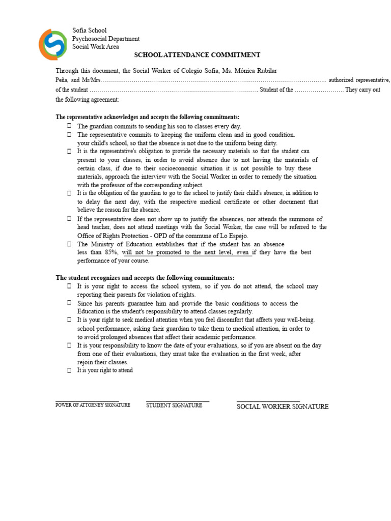 School Attendance Commitment Agreement | PDF | Justice | Crime & Violence