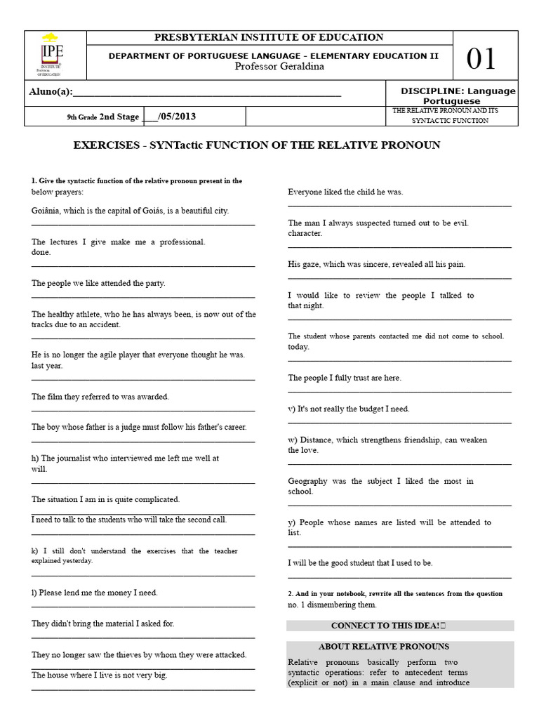 Exercises List On Relative Pronouns 9th Grade 4511125 | PDF ...