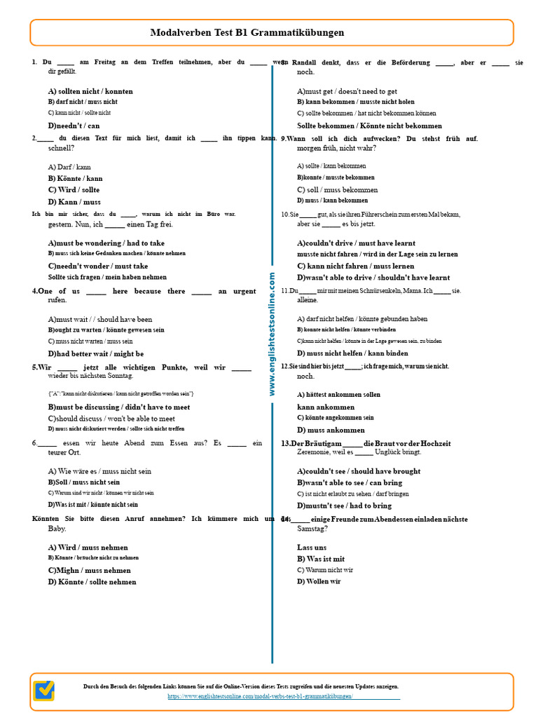 488 Modalverben-Test B1 Grammatikübungen | PDF