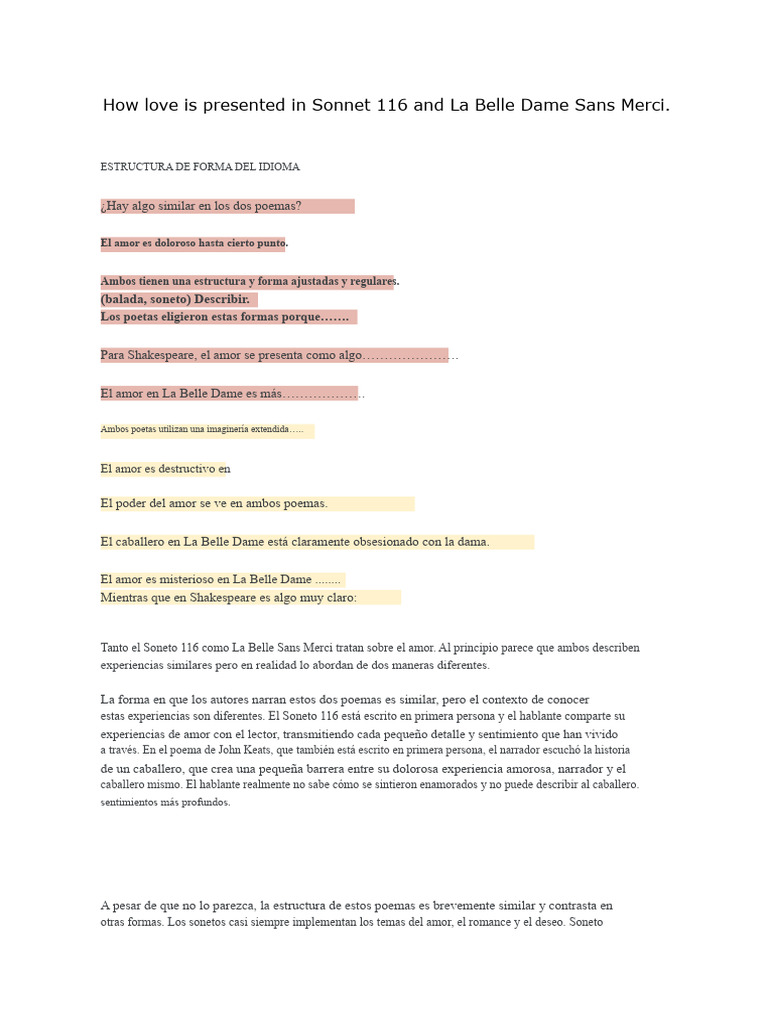 ¿Cómo Se Presenta El Amor en El Soneto 116 y en La Belle Dame Sans ...