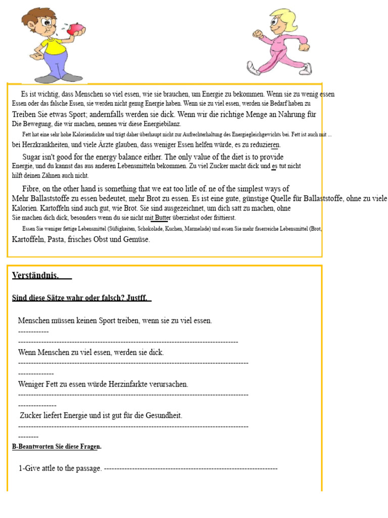 Essen Sie Gesunde Nahrungsmittel Lesen Verstehen Uebungen - 36327 | PDF