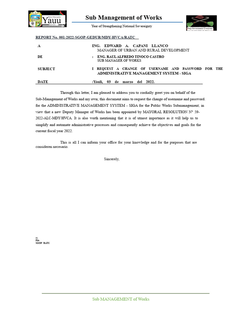 REPORT No. 001 - REQUEST FOR USER AND PASSWORD CHANGE FOR THE ...