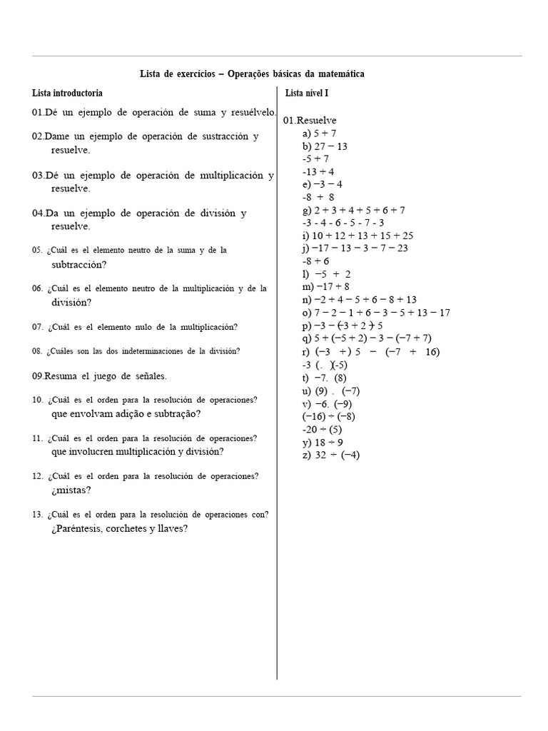 Lista de Ejercicios Operaciones Básicas de La Matemática. | PDF ...
