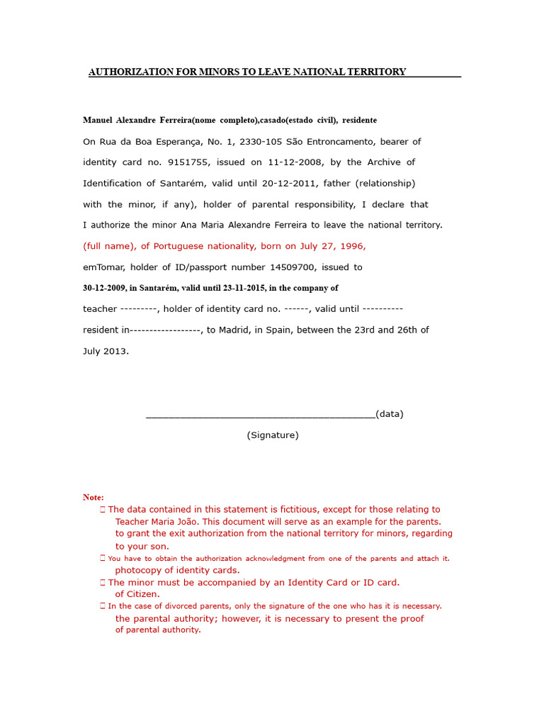 Authorization For Minors To Leave The Country EXAMPLE | PDF