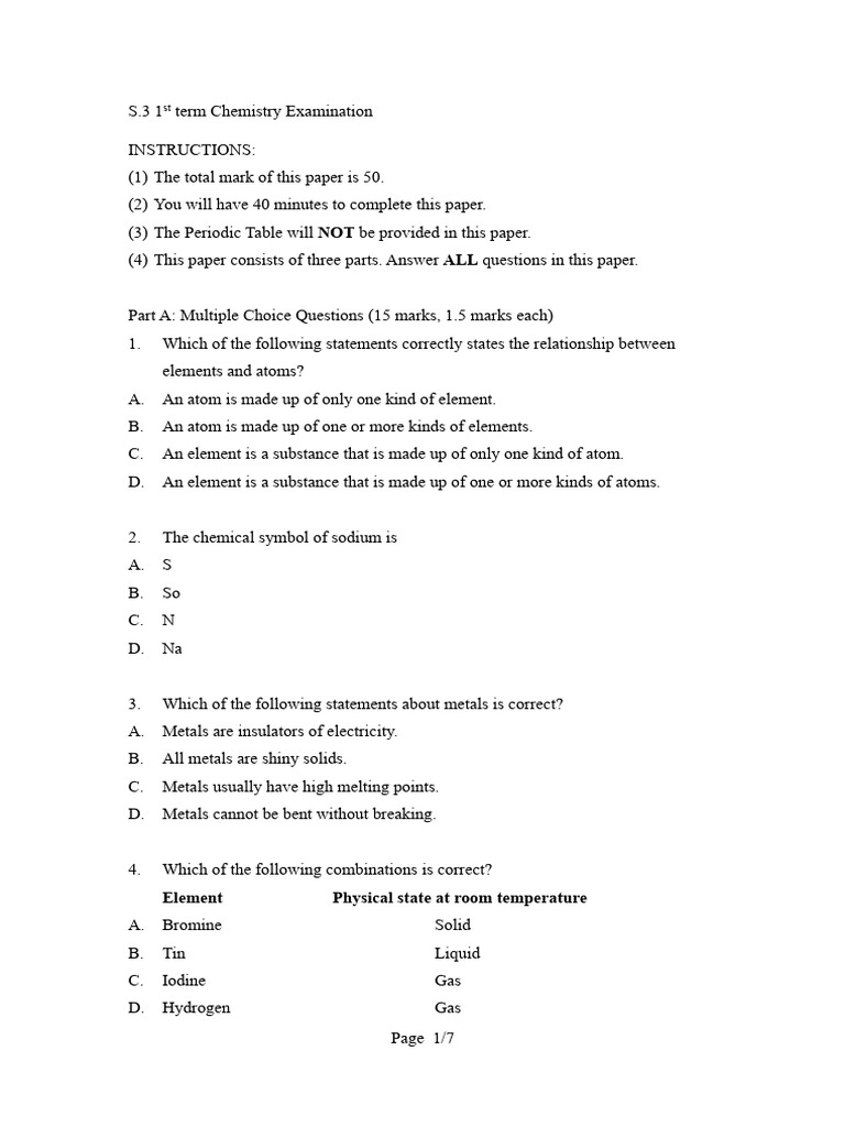 1st Term Chemistry Exam Paper | PDF | Chemical Elements | Atoms