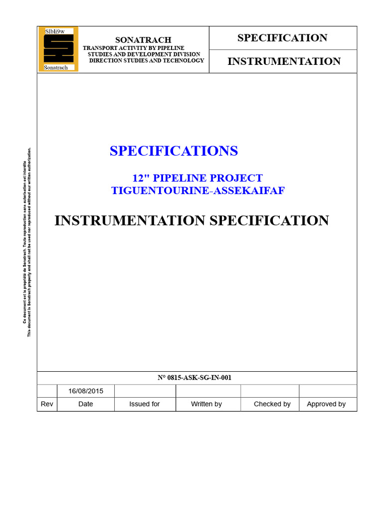 12" Pipeline Instrumentation Specs | PDF | Pressure Measurement ...