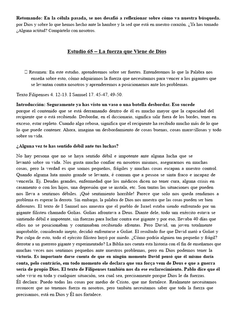 Estudio 65 - La Fuerza Que Viene de Dios | PDF | Goliat | David