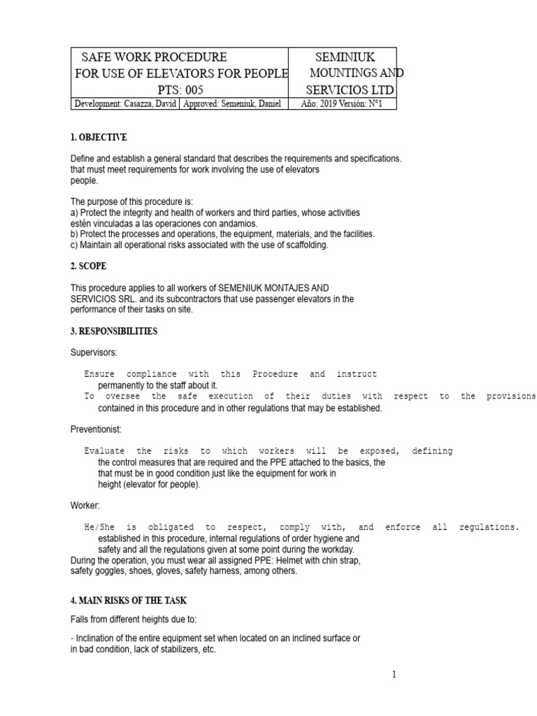 PTS No. 005 Procedure for Use of Passenger Elevator | PDF | Elevator ...