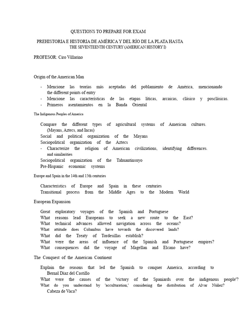 Questions to Prepare for American History Exam I | PDF | Spanish ...