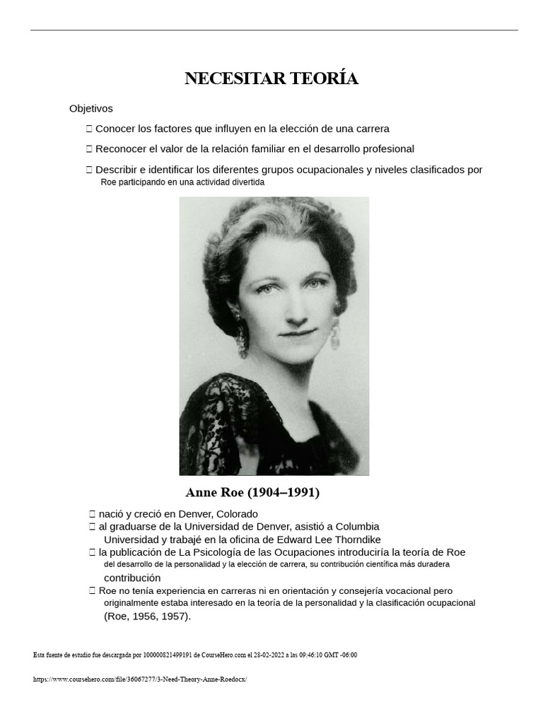 Teoría de Necesidades: Teoría Psicodinámica de Anne Roe | PDF ...
