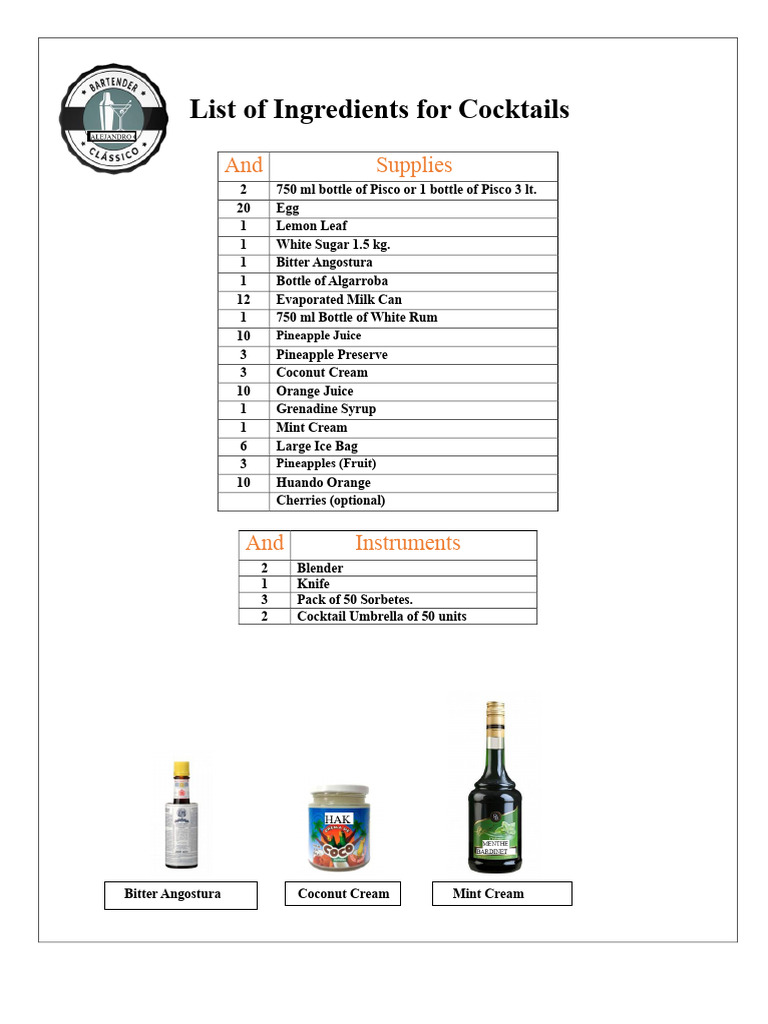 List of Ingredients For Cocktails | PDF