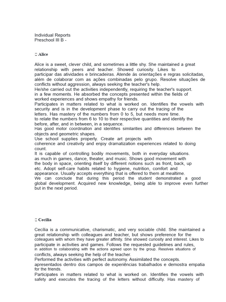 Preschool Individual Student Reports | PDF | Creativity | Curiosity