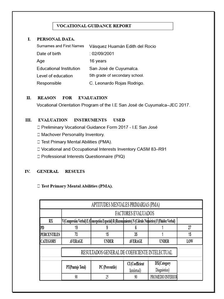 VOCATIONAL GUIDANCE REPORT | PDF | Science | Intelligence Quotient
