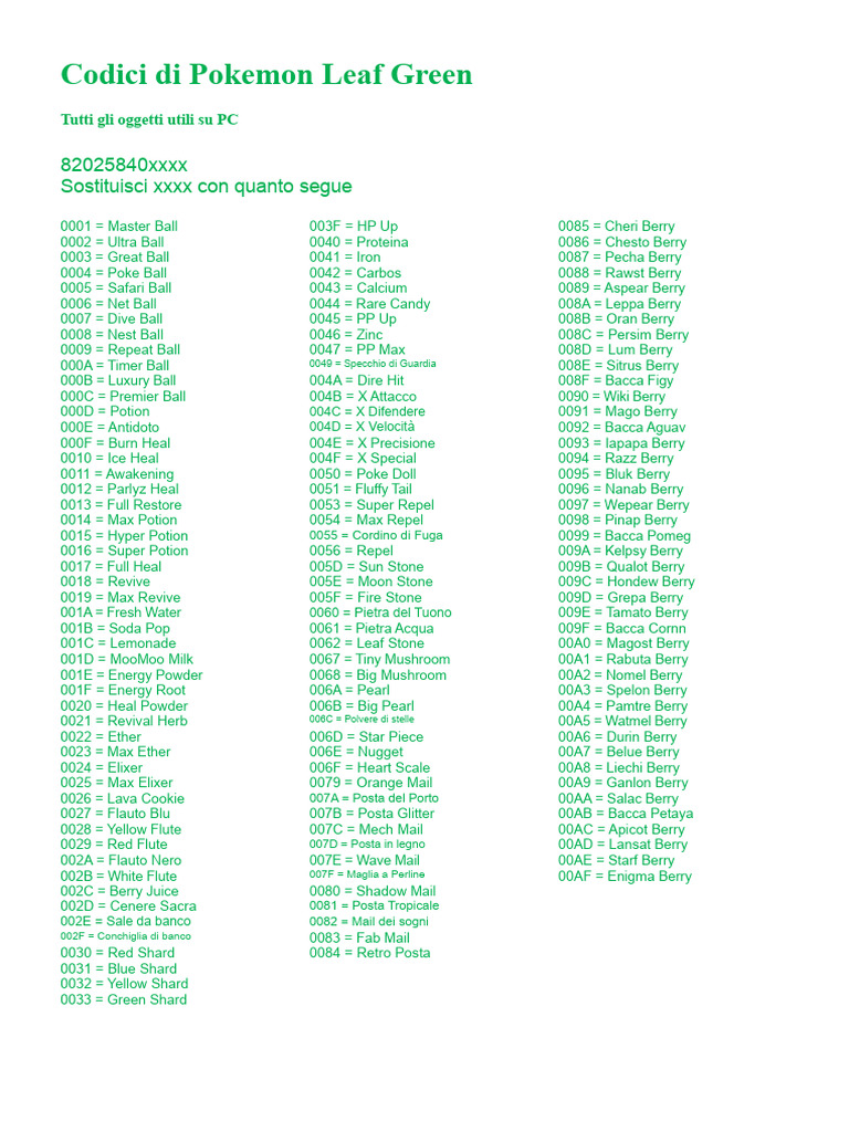 Codici PKMN Leaf Green | PDF