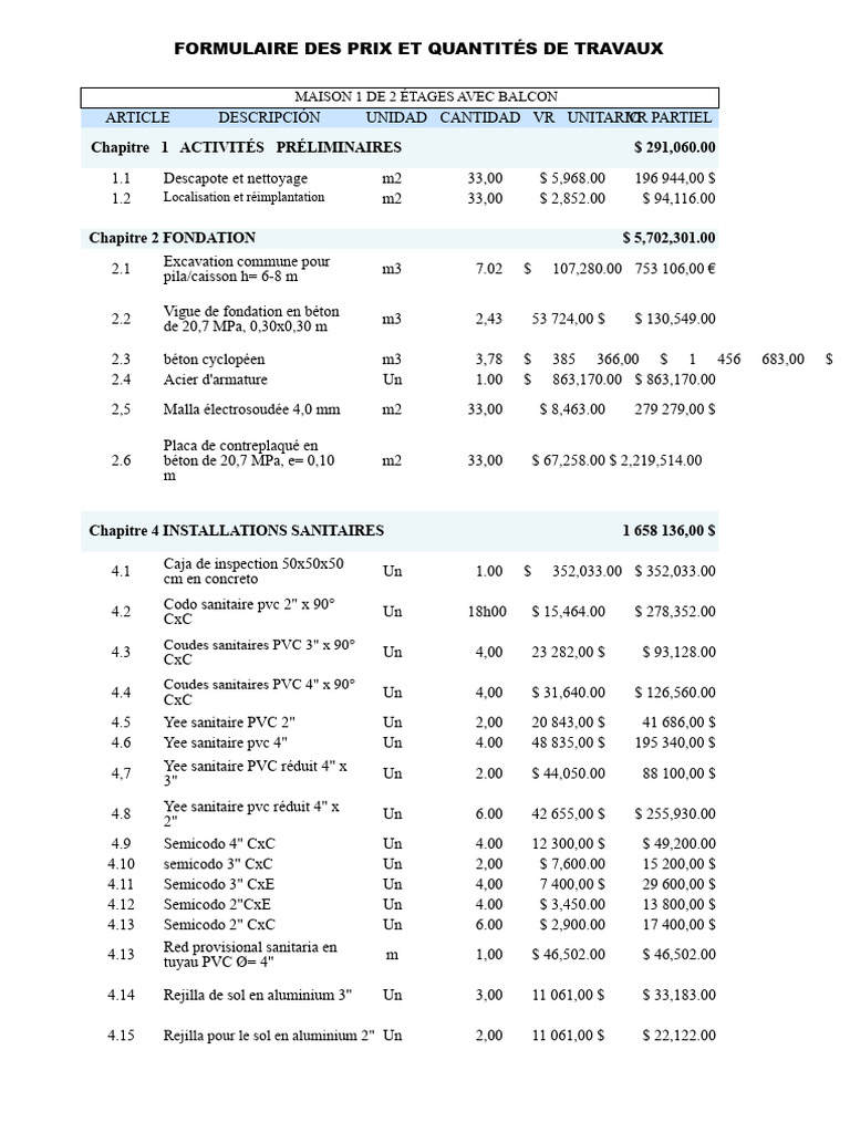 Formulaire de Prix et Quantités de Travaux | PDF | Matériaux de ...
