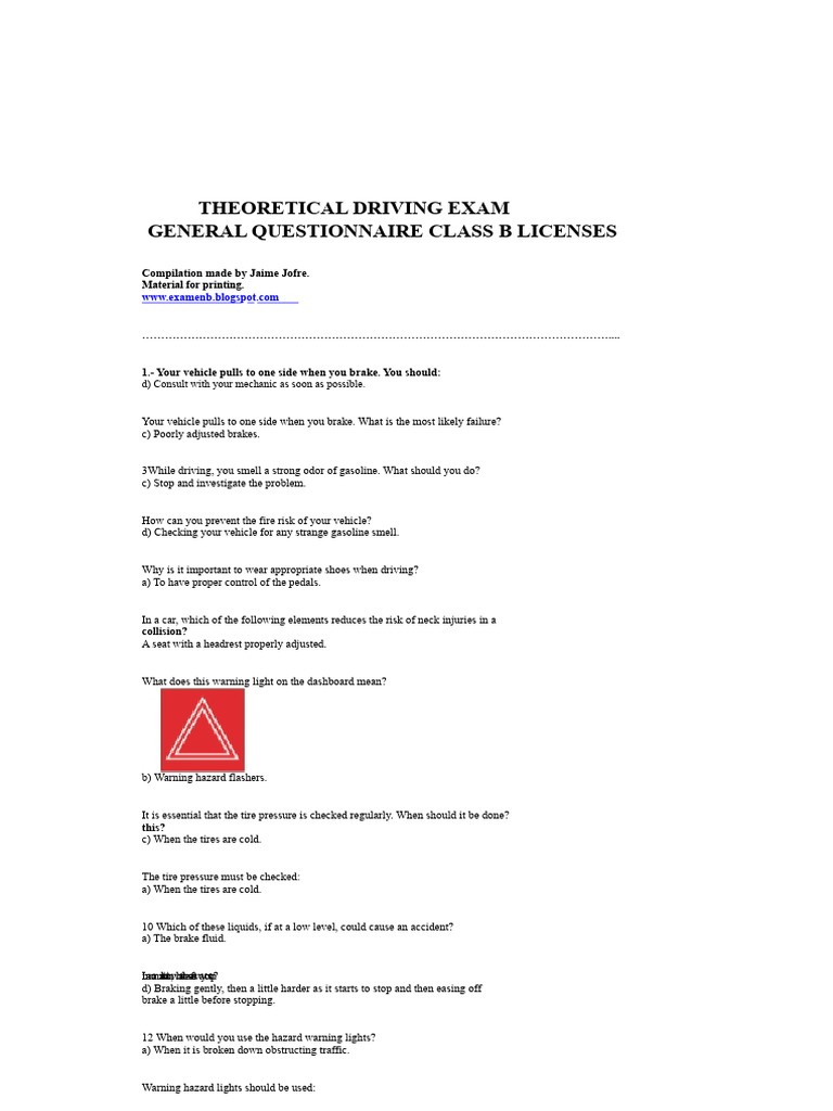 Class B Driving Exam Questionnaire | PDF | Traffic | Traffic Light