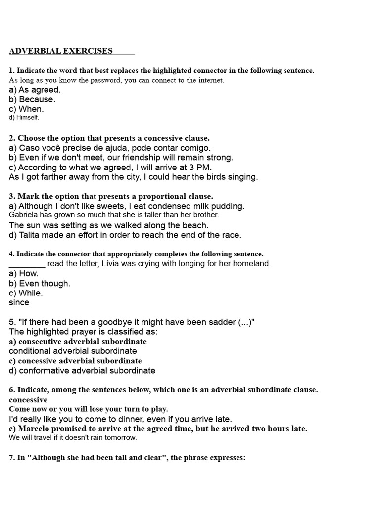 Adverbial Clause Exercises and Answers | PDF | Language Mechanics ...