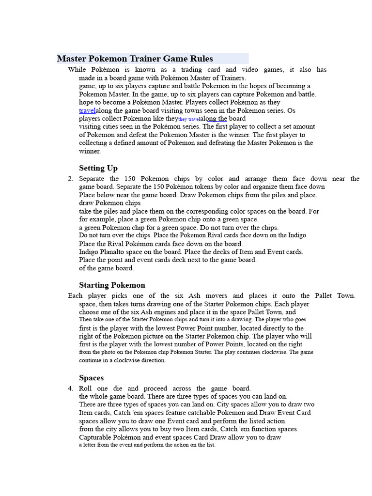 Pokmon Master Trainer Game Rules | PDF | Pokmon | Tabletop Games