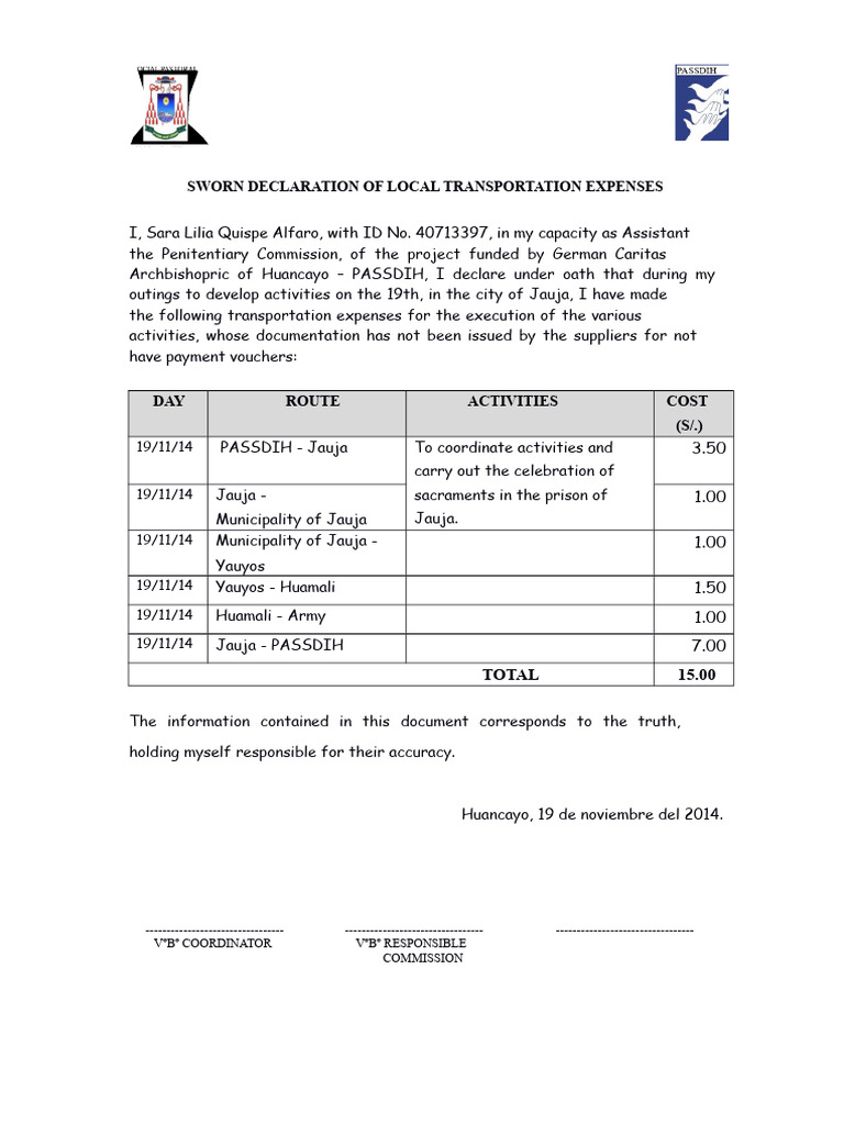 Sworn Declaration of Transport Expenses | PDF | Evidence