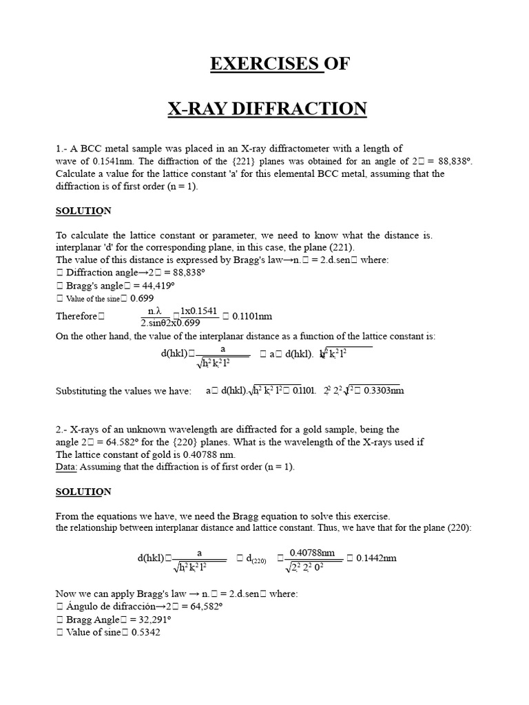 X-Ray Diffraction Exercises and Solutions | PDF | Crystal Structure ...
