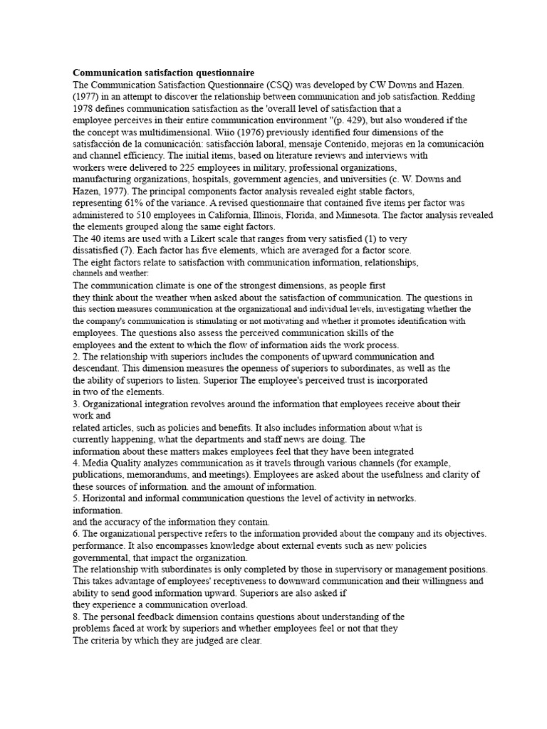 Communication Satisfaction Questionnaire | PDF | Job Satisfaction ...