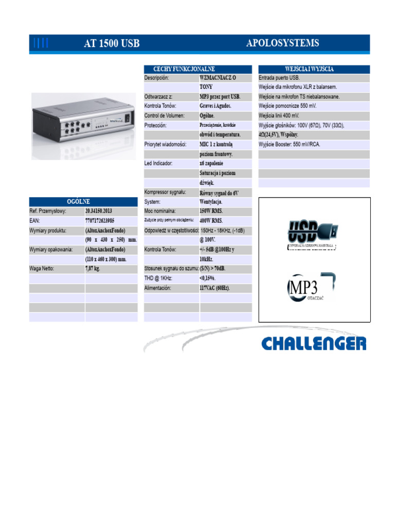 Karta techniczna at+1500+USB | PDF