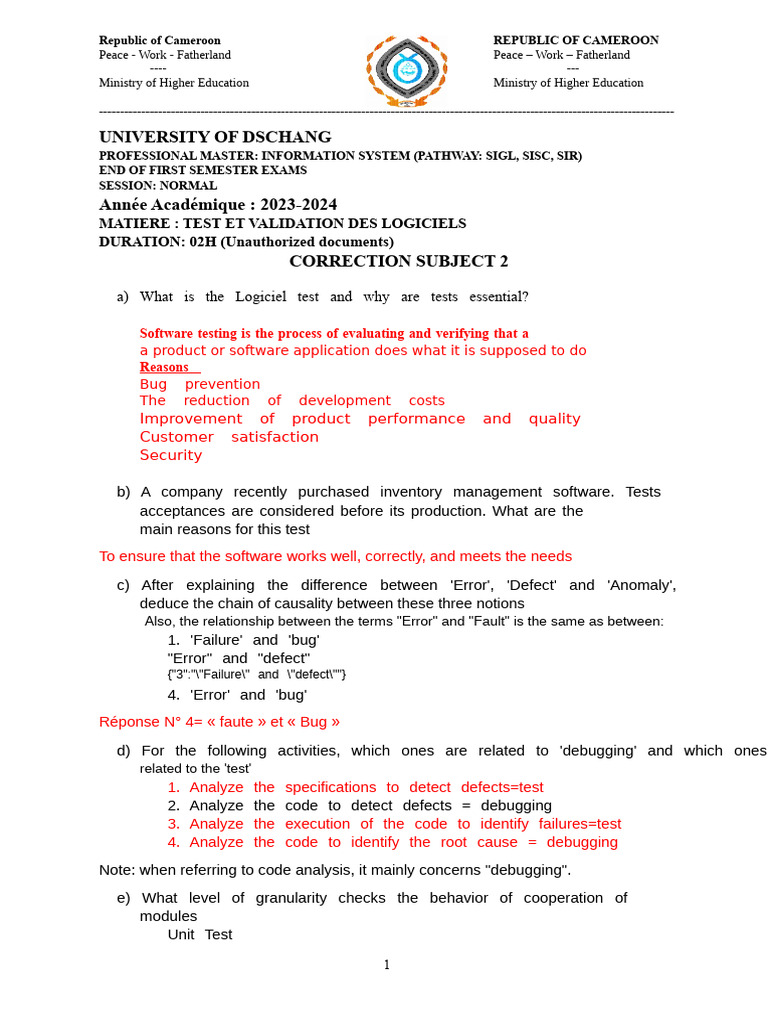 Correction Subject 2 Test and Validation of Software | PDF | Software ...