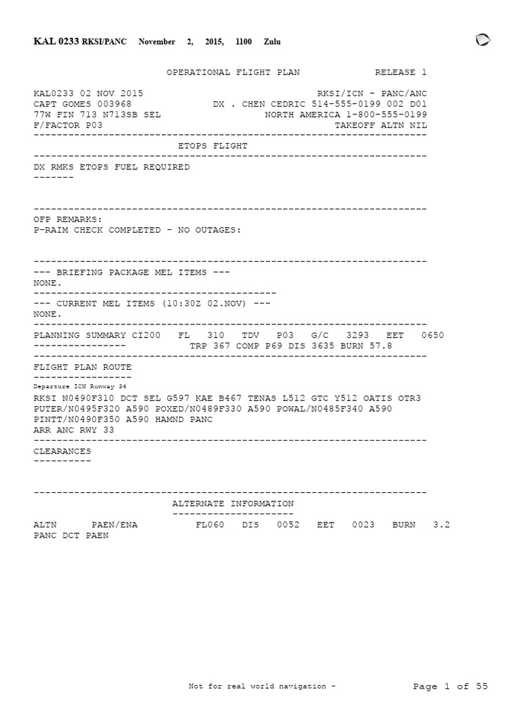KAL 0233 Flight Plan RKSI to PANC | PDF | Volcano | Air Traffic Control