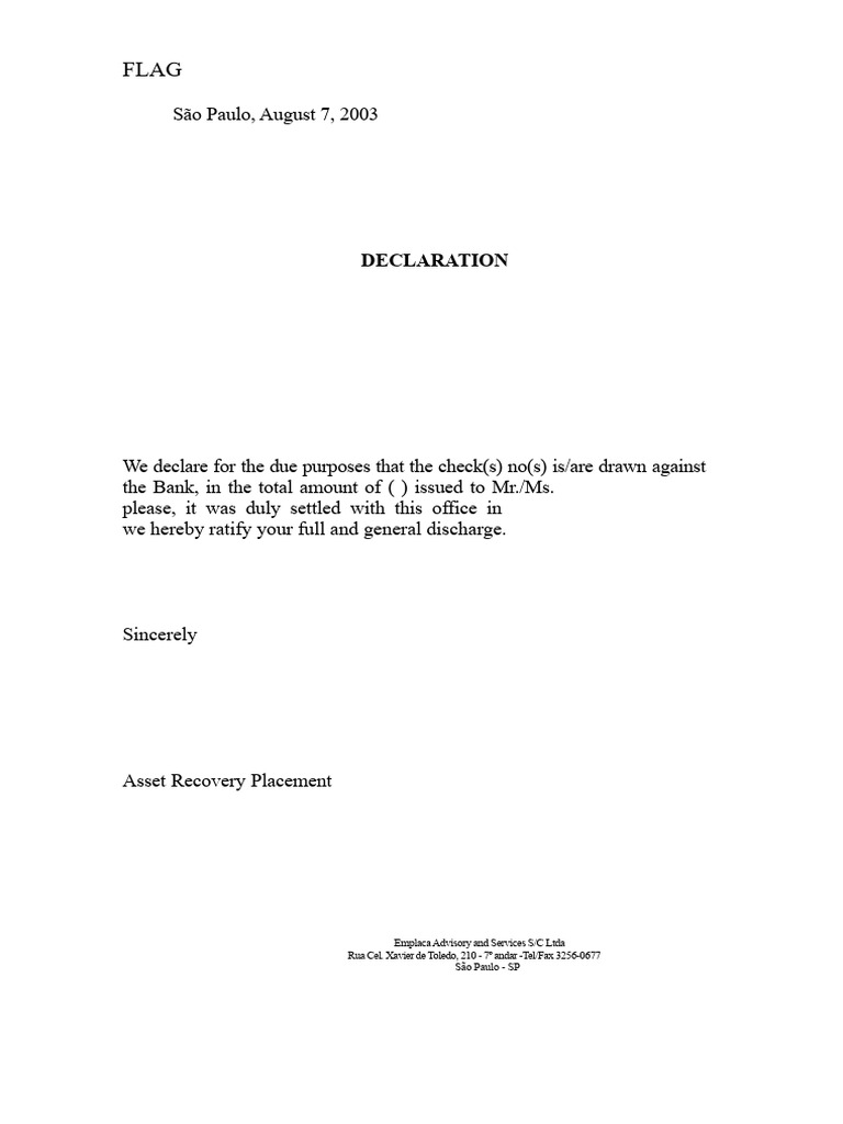 São Paulo Check Settlement Declaration | PDF