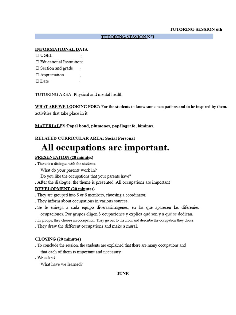 TUTORING SESSION 6° - JUNE | PDF