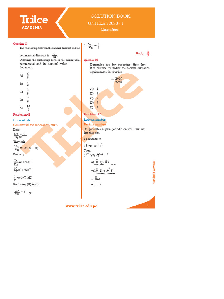 UNI 2020 Mathematics Exam Solutions | PDF | Numbers | Summation