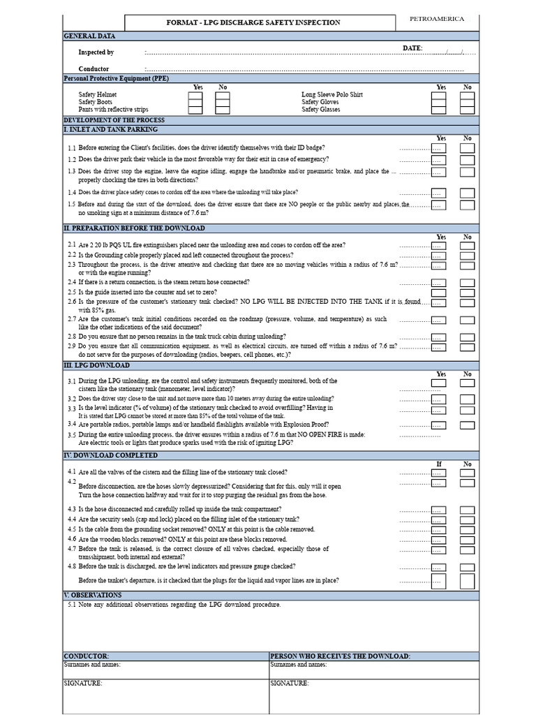 LPG Discharge Safety Inspection Checklist | PDF | Manufactured Goods