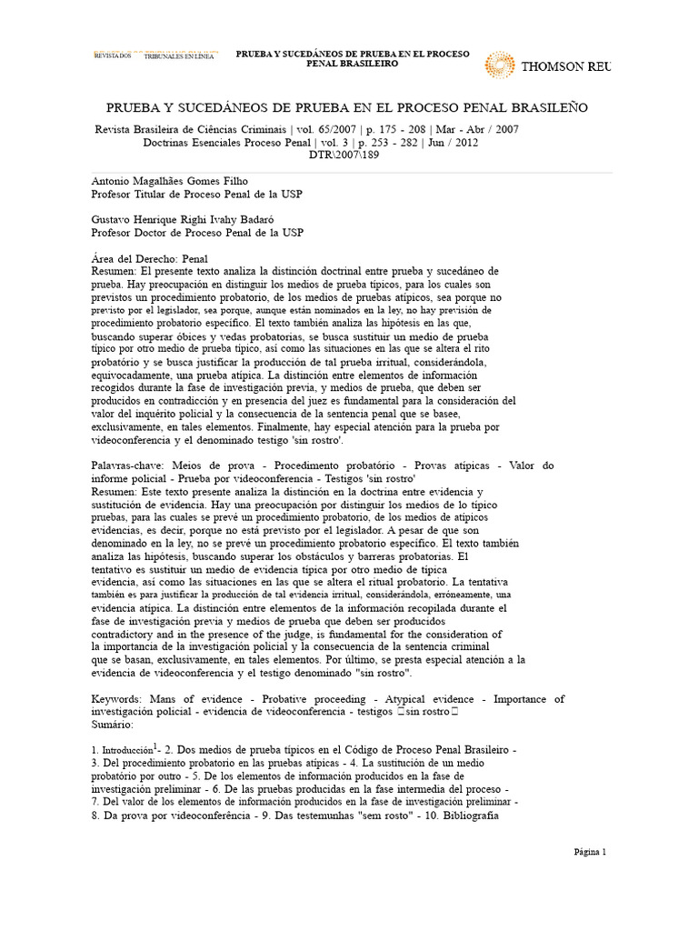 Prueba y Sucedáneos en el Proceso Penal | PDF | Evidencia (ley) | Testigo