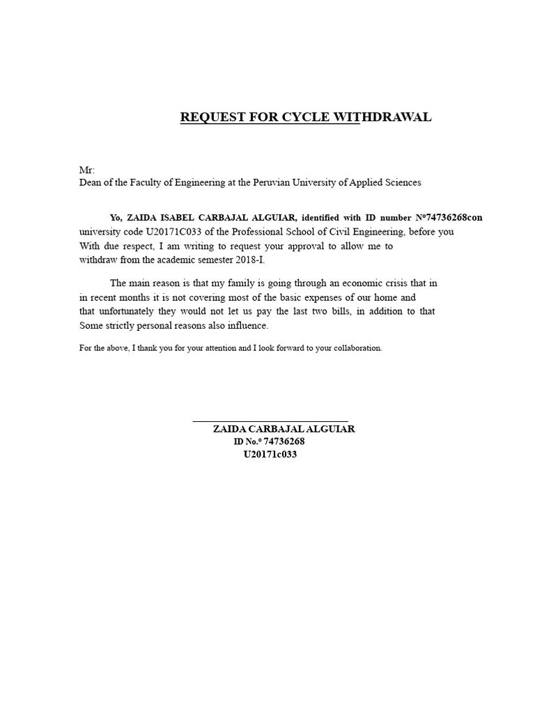 Request for Academic Withdrawal 2018-I | PDF