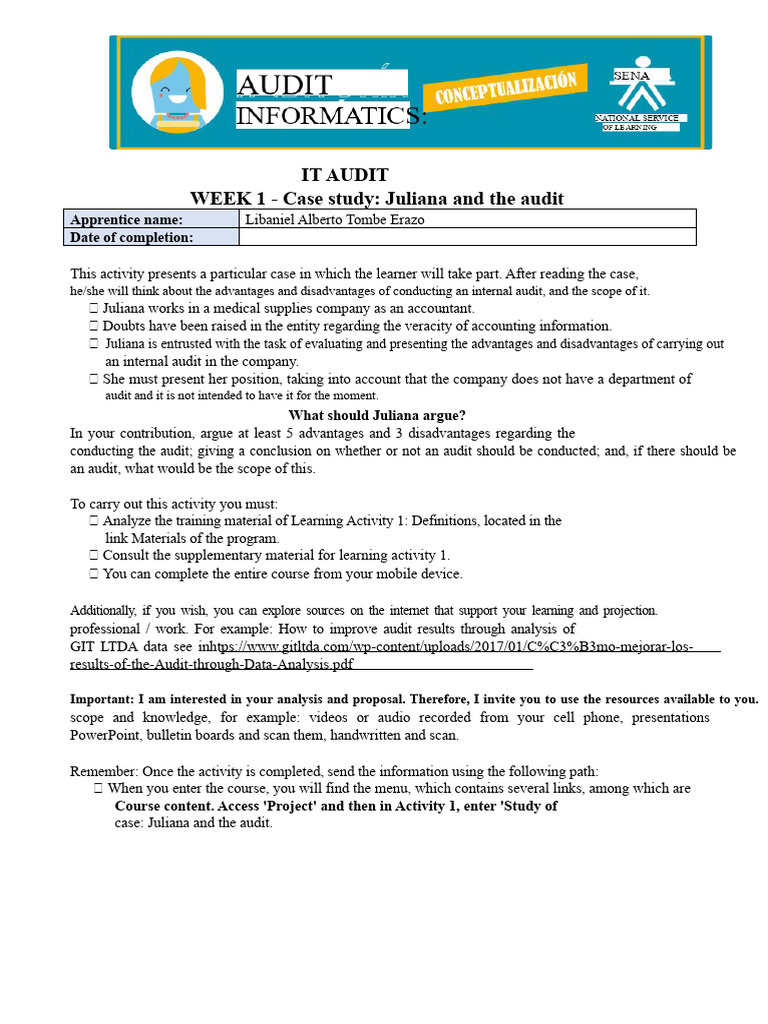 Workshop Week 1 Case Study Juliana and The Audit | PDF | Audit | Learning