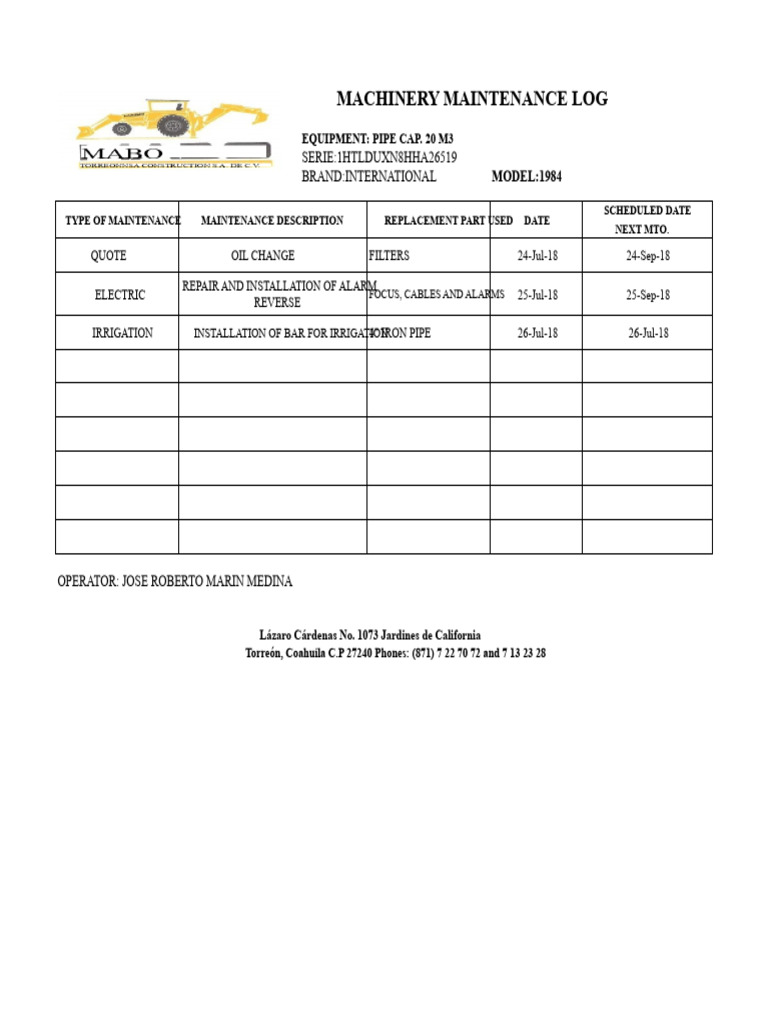 Machinery Maintenance Log Overview | PDF