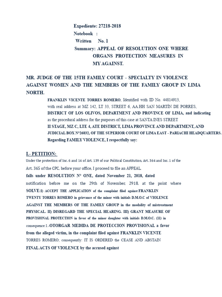 Appeal For Protection Measures For Evelyn | PDF | Complaint | Child Custody