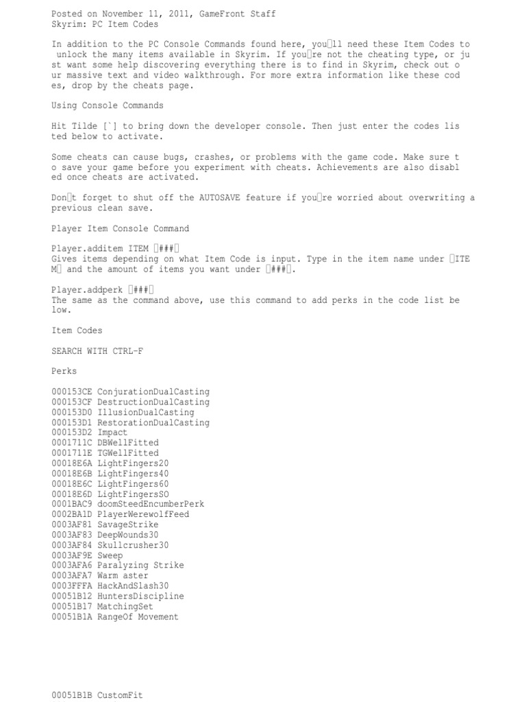 Skyrim Item Codes
