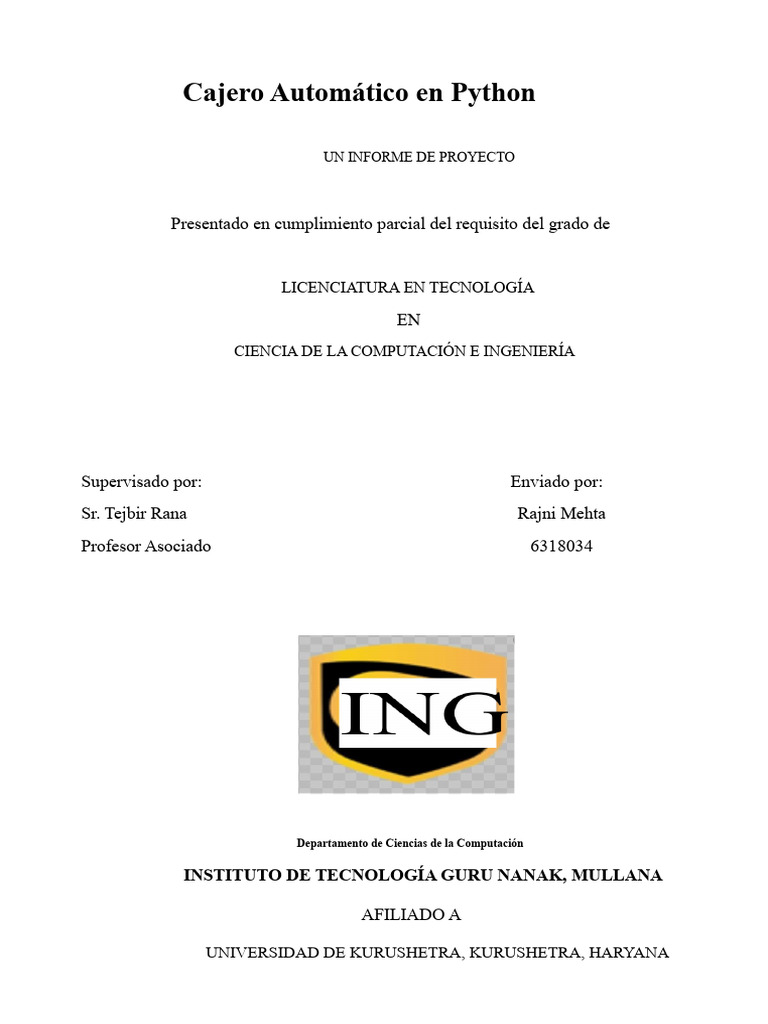 ATM en Informe de Proyecto de Python (Rajni Mehta 6318034) | PDF ...