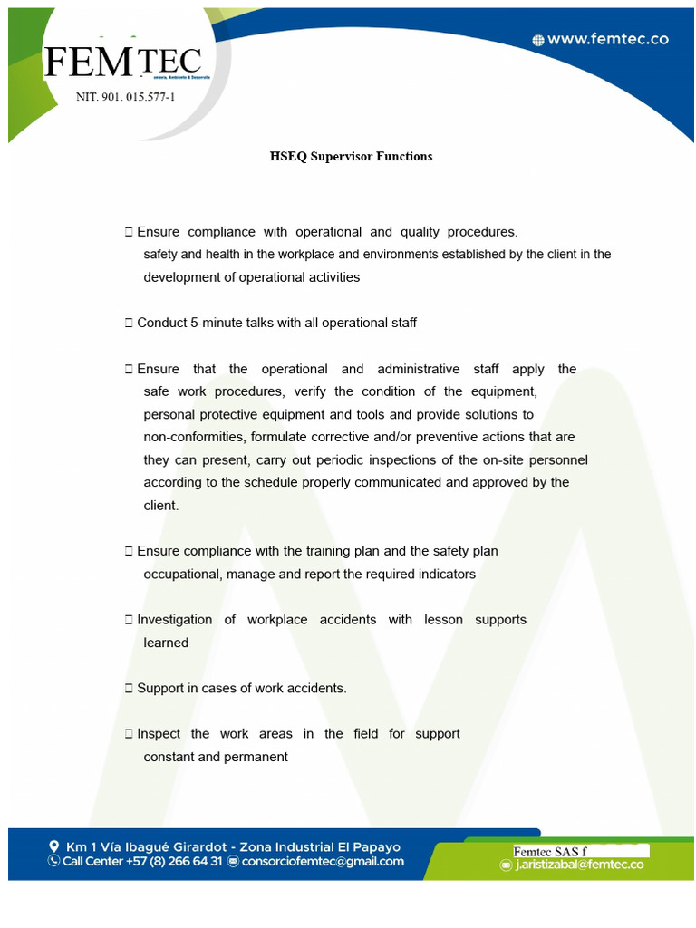 HSEQ Supervisor Responsibilities Guide | PDF | Occupational Safety And ...