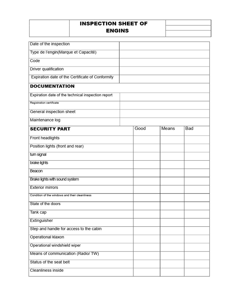 inspection sheet for equipment | PDF