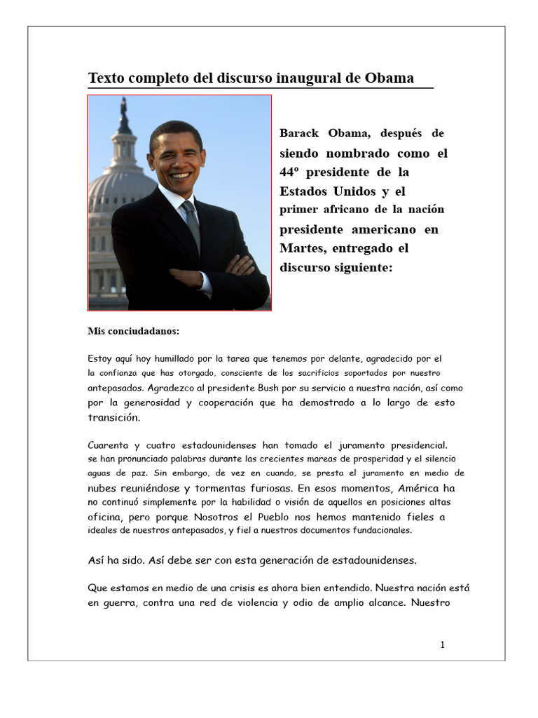 Discurso inaugural de Obama: esperanza y unidad | PDF | Barack Obama ...