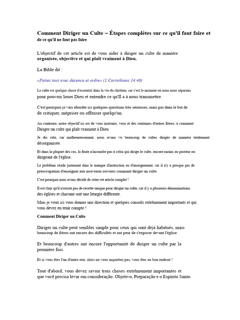 Guide Pratique pour Diriger un Culte | PDF | Prière