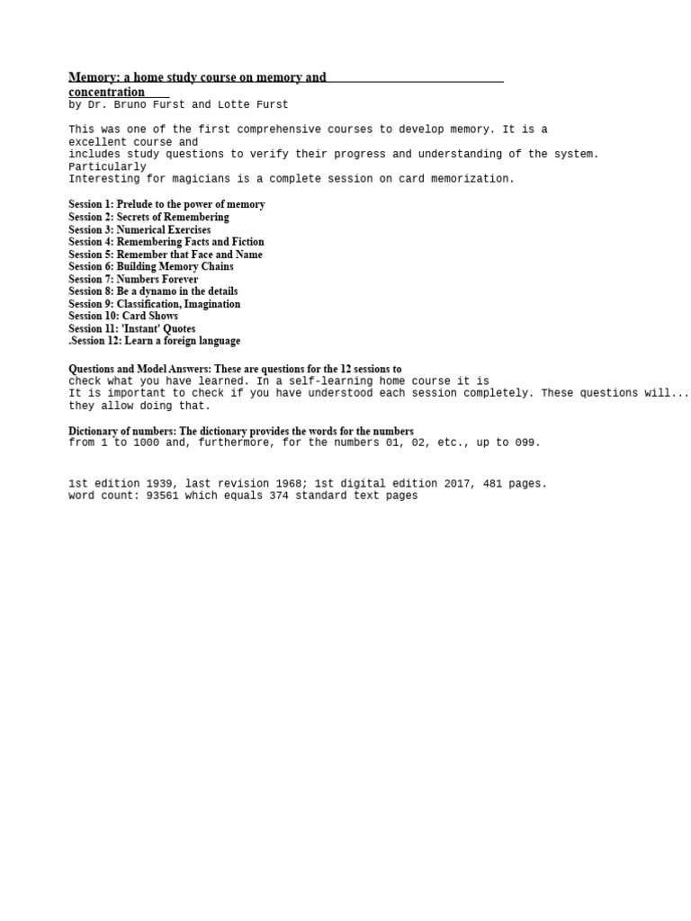 Memory Mastery Home Study Course | PDF