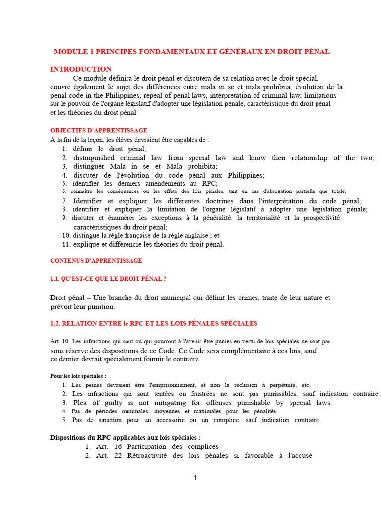 Principes du Droit Pénal aux Philippines | PDF | Crimes | Crime et violence