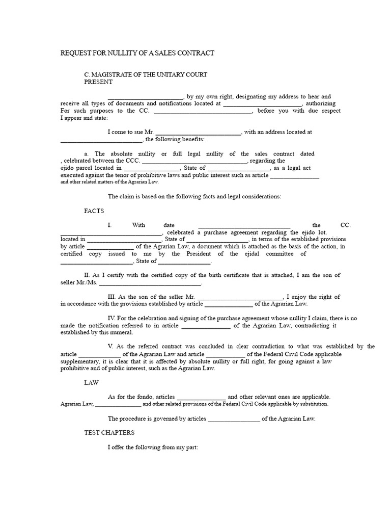 LAWSUIT FOR NULLITY OF A SALES CONTRACT.doc | PDF | Annulment | Lawsuit